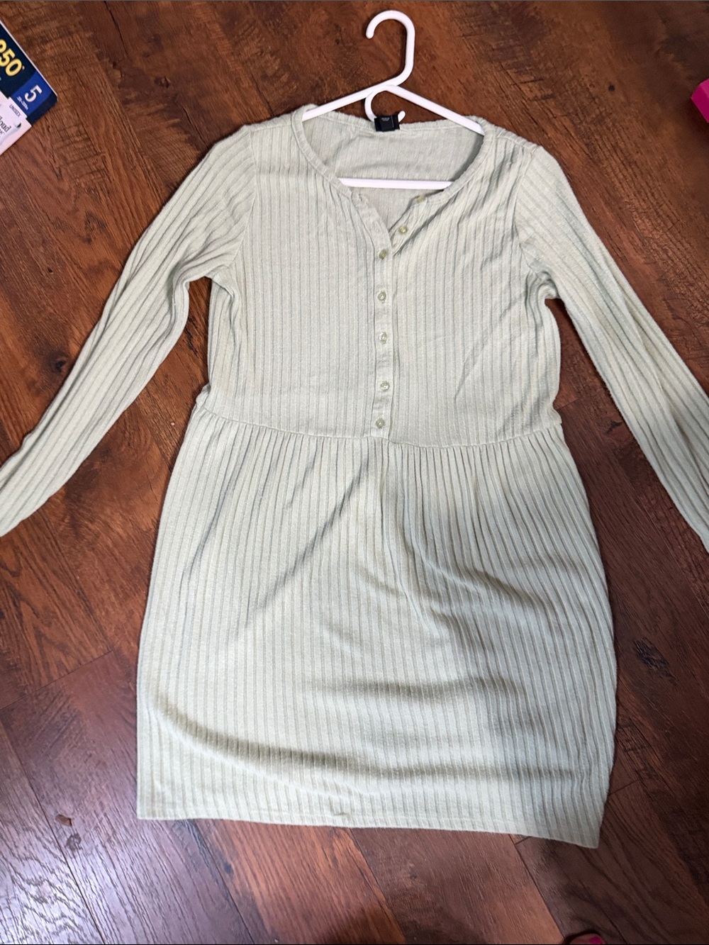 art class Sage Green Ribbed Button-Front Long Sleeve Dress